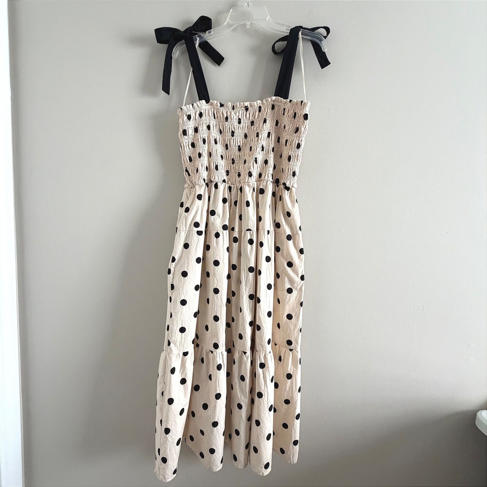 Nicole Miller New York Polka Dot Smocked Tiered Midi Dress Cream Black XL